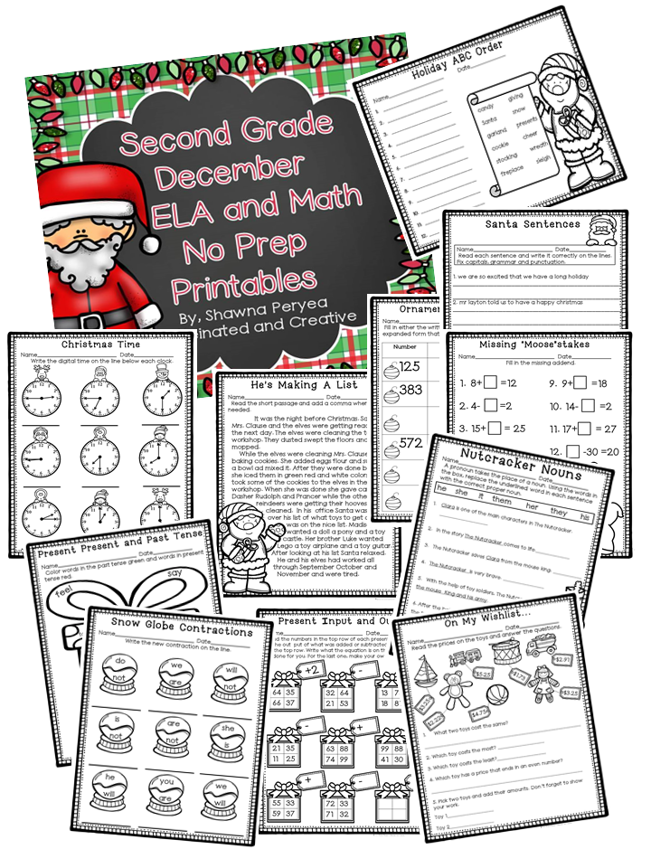 December Second Grade ELA and Math No Prep Printables 