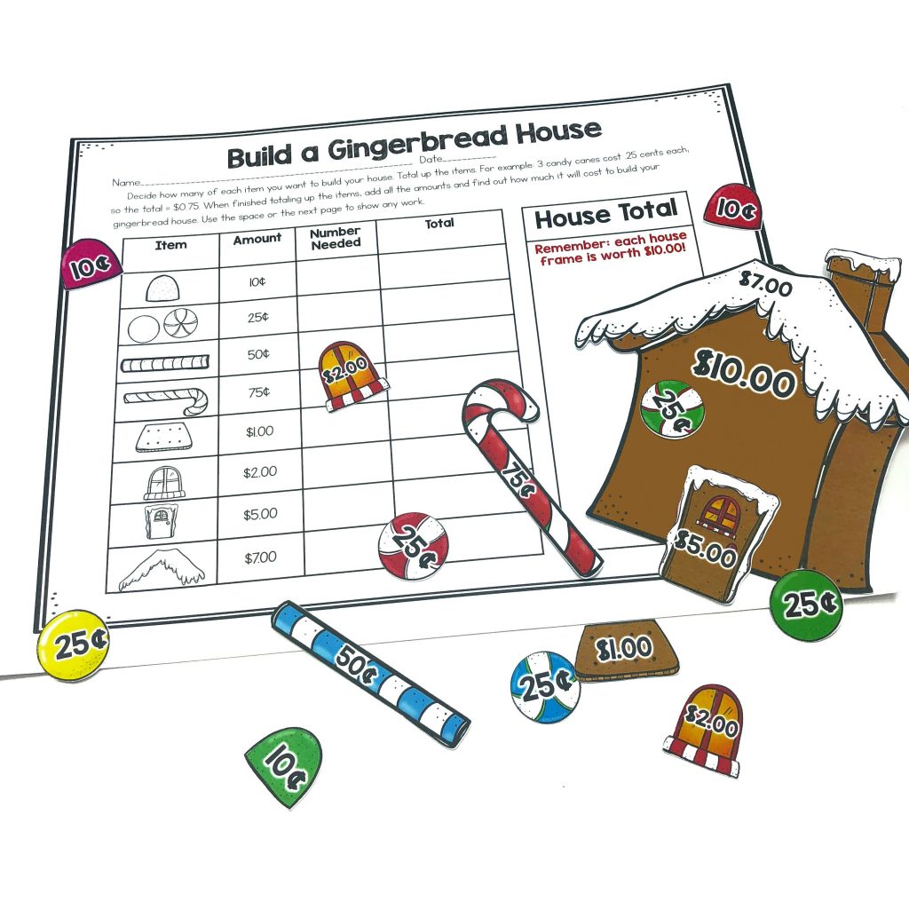 Students will practice totaling up money with Build A Gingerbread House Center