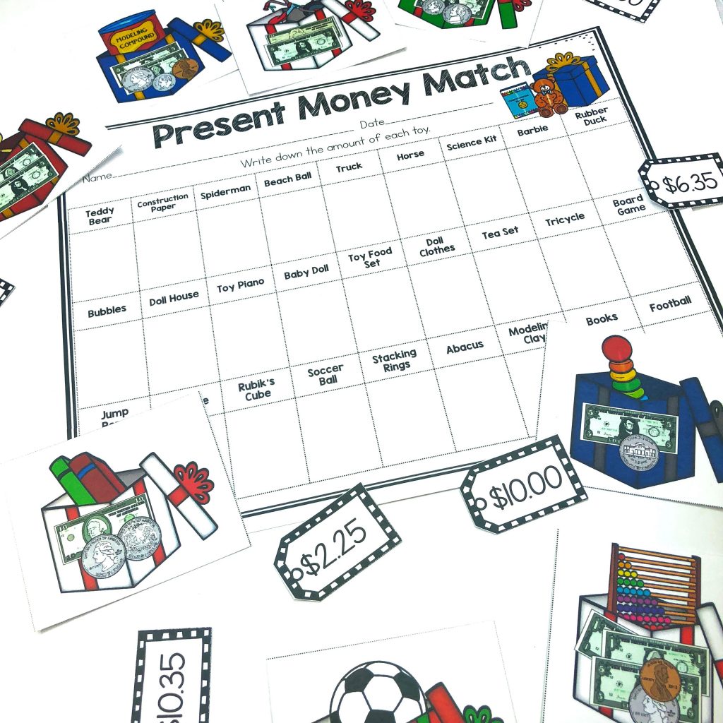 Toy Money Match Center is a fun way for students to practice matching coins and bills with the dollar value. This center can be used for Christmas or anytime of the year to practice money! Students look at each toy that contains bills and coins and match it the correct tag. Comes with a recording page and challenge page with word problems involving the toys!