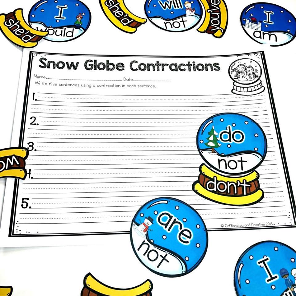 Snow Globe Contractions Center is a fun and easy center game for students to learn contractions. Simply print, laminate and cut out! This center is part of a December ELA and Math Center Bundle! Get 12 centers and save big!