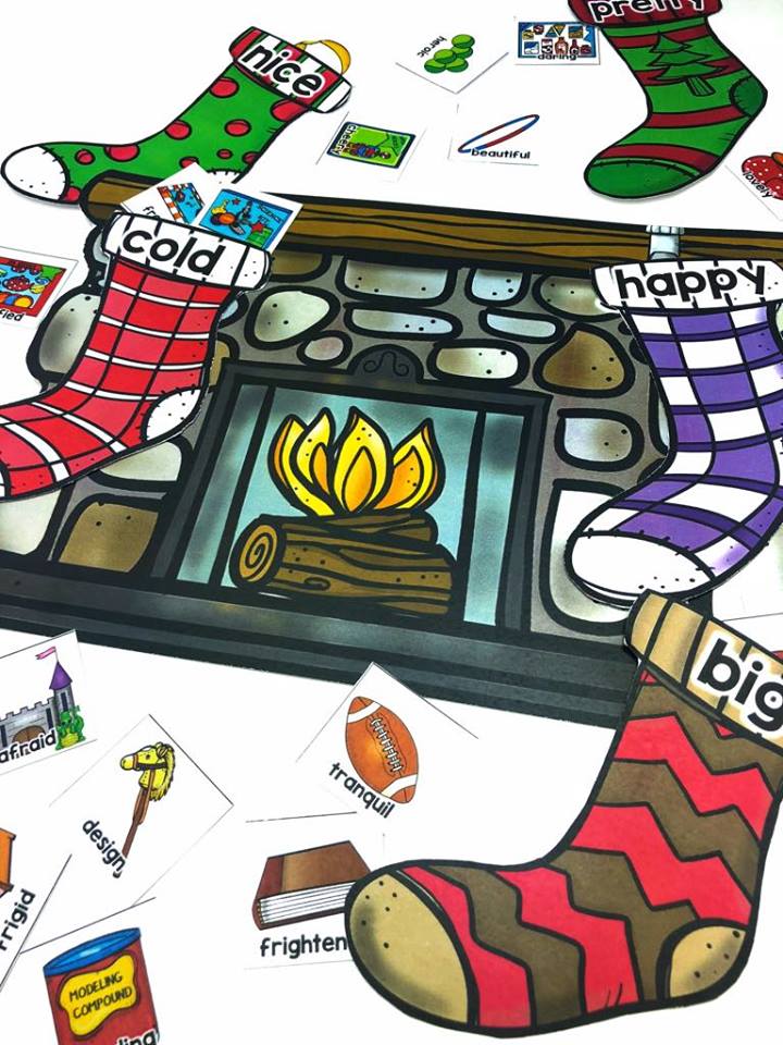 Have students practice matching words with their synonyms and antonyms with Synonyms and Antonyms Stocking Stuffers! This fun center is perfect for Christmas. The object of the center is for students to find four toys that are synonyms for the words on the stocking. Then they match the stockings to the correct fireplace.