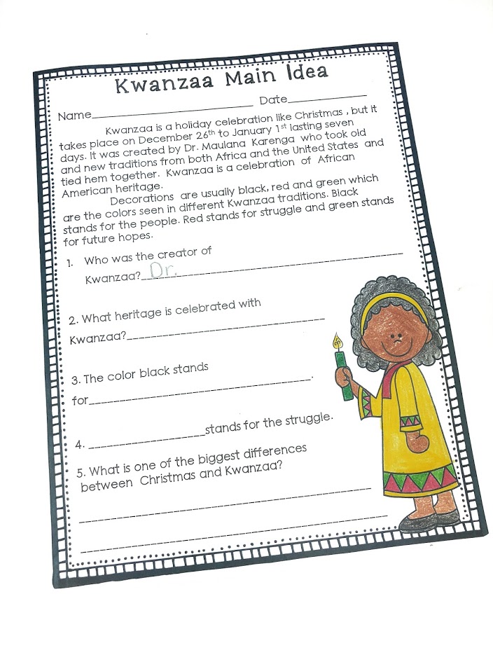 Kwanzaa main idea is a quick way for students to learn about Kwanzaa. After reading the short passage, they will answer comprehension questions.