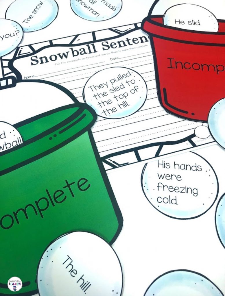 ! Snowball Complete and Incomplete Sentences Center is a fun and interactive way for students to practice recognizing complete and incomplete sentences. The object of the center is to place each snowball in the correct pail. Then students will make five of the incomplete sentences complete with the recording sheet.