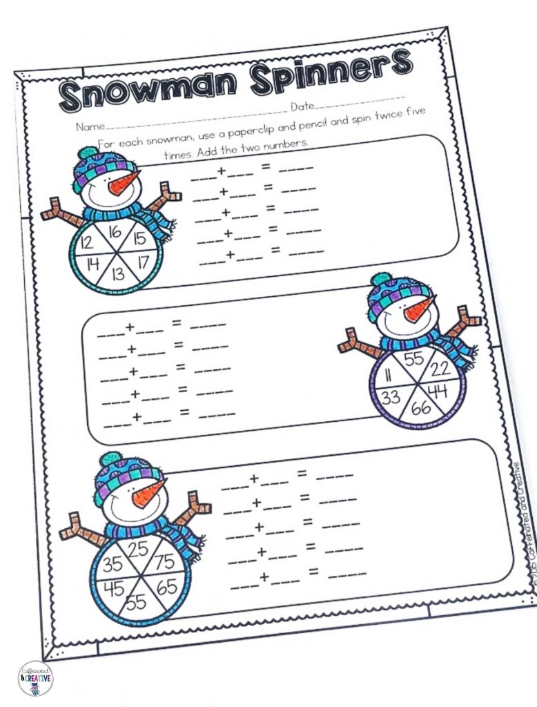 Snowman Spinners is a fun way for students to practice adding two 2 digit numbers. Using a pencil and paperclip, they will make equations to solve! Part of a Winter Literacy and Math No Prep Bundle for Second Grade.