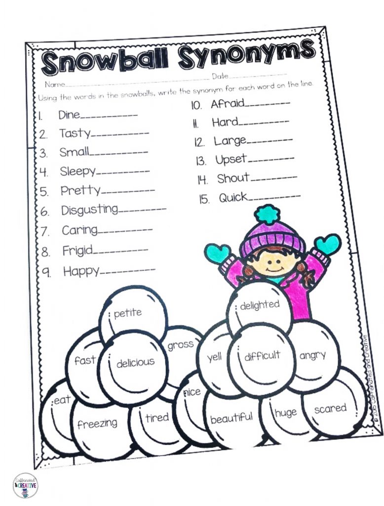 Have students practice finding synonyms for words with this fun winter printable that is part of a Winter Literacy and Math No Prep Bundle for Second Grade.
