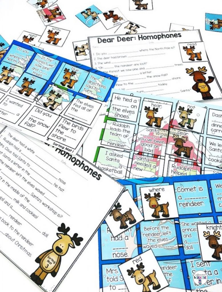 Dear Deer A Homophones Matching Center is a fun center for students to match homophones by filling in the blanks in sentences! Students will read each sentence then fill in the blank with the correct homophone! Comes with 3 different sorting mats with reindeer homophones that come in puzzle format (where they match the background), no background format AND black and white. Each sorting mat comes with its own recording sheet and there is also a mass recording sheet for all three mats!