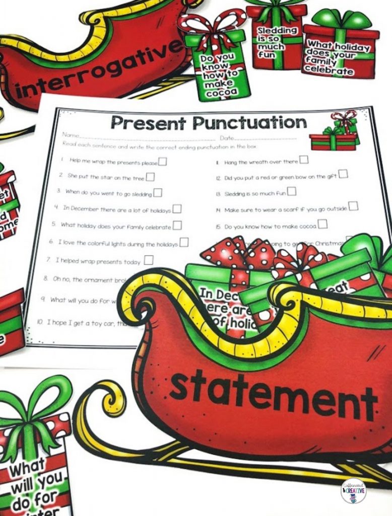 Present Punctuation is a fun center for students to practice sorting sentences by their correct ending punctuation and type of sentence it is! Great for Christmas time! Students will read each sentence then place it in or the sleigh with the correct ending punctuation. There are different sentence types for variety of grades. Comes with a recording sheet.