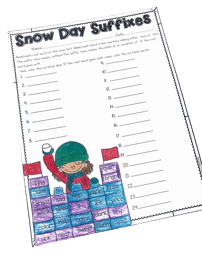 Students can practice suffixes with Snow Day Suffixes.This page is part of a Winter No Prep ELA and Math Unit for Second Grade!