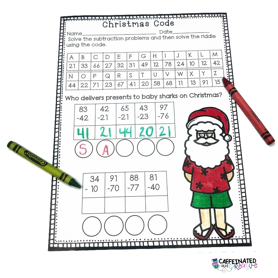 Christmas Code is a fun way for students to practice solving two digit subtraction problems. 