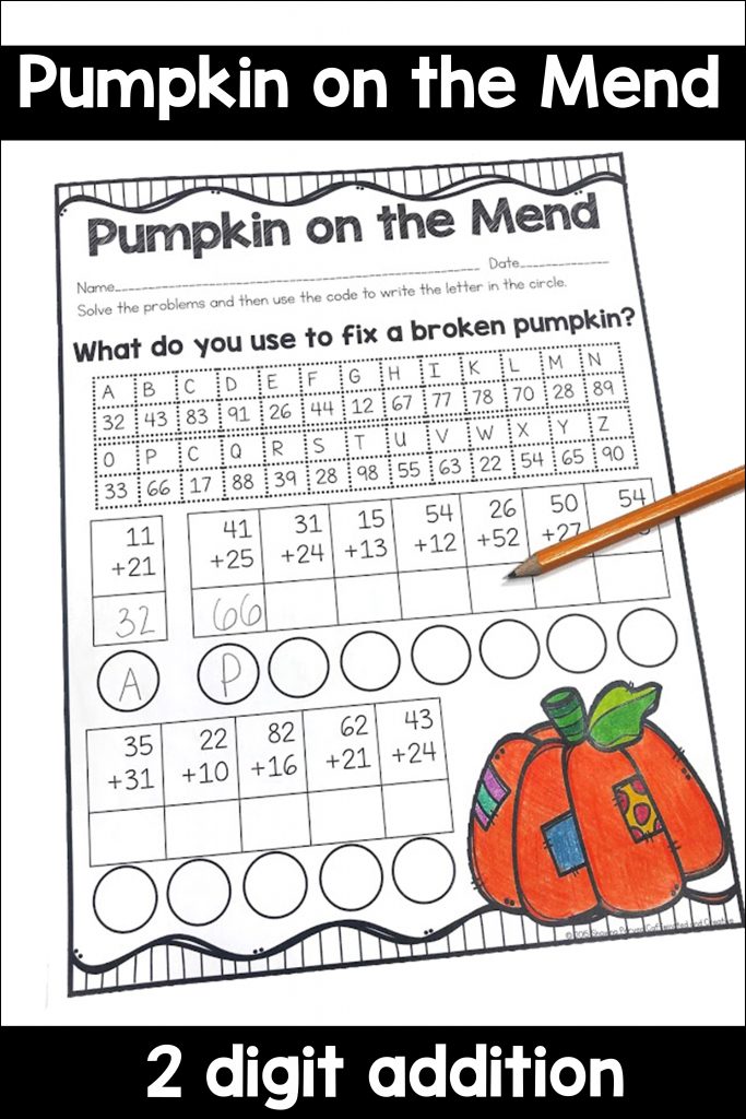 Have students solve two digit addition problems and then solve a code. Perfect for fall math!
