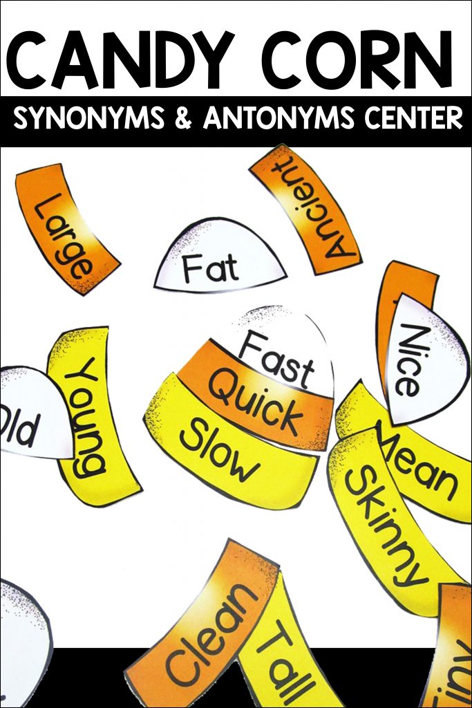 Candy corn synonyms and antonyms is a fun center for students to practice finding a synonym and antonym for words. Each candy corn has a main word, synonym and antonym.