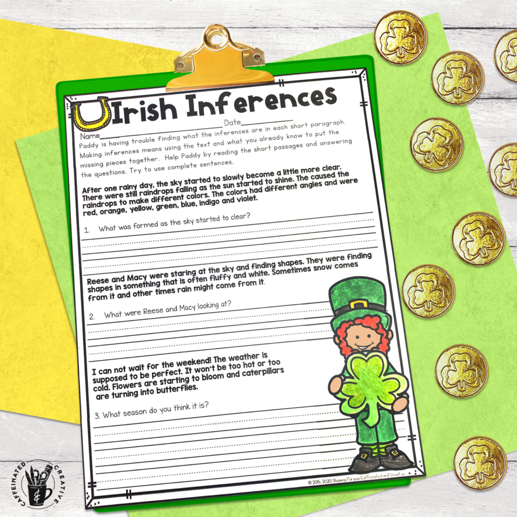 Teach students the concept of using clues in short passages to answer questions and predict what will happen. Irish Inferences is great for St. Patrick's Day! Paddy's Prefixes is perfect for perfecting those pesky prefixes. This is part of a Spring Digital & Printable Math and ELA Activities Bundle for 2nd Grade that is full of ELA and math activities for the entire season! Simply print or assign the digital Google slides for homework, morning work, review, sub plans, and more!