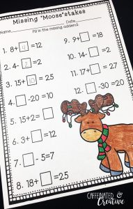Missing Moosestakes is a great way for students to practice finding missing addends in equations. This is part of December Literacy and Math No Prep Bundle for Second Grade.
