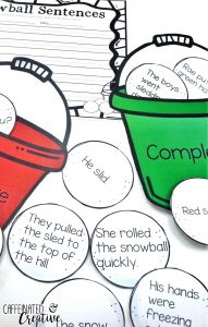 Dollar Deal! Snowball Complete and Incomplete Sentences Center is a fun and interactive way for students to practice recognizing complete and incomplete sentences. The object of the center is to place each snowball in the correct pail. Then students will make five of the incomplete sentences complete with the recording sheet.