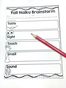 Fall haiku brainstorming using adjectives.