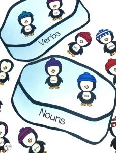 Match each penguin to the correct ice patch with the part of speech it belongs to. Covers nouns, verbs, adjectives and adverbs. This center is part of a Winter Literacy and Math Center Bundle which comes with 9 other centers!