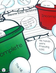 Dollar Deal! Snowball Complete and Incomplete Sentences Center is a fun and interactive way for students to practice recognizing complete and incomplete sentences. The object of the center is to place each snowball in the correct pail. Then students will make five of the incomplete sentences complete with the recording sheet.