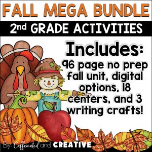 Fall Mega Bundle includes over 18 centers, 96 pages of fall themed printables, digital options, and writing crafts for the entire season!