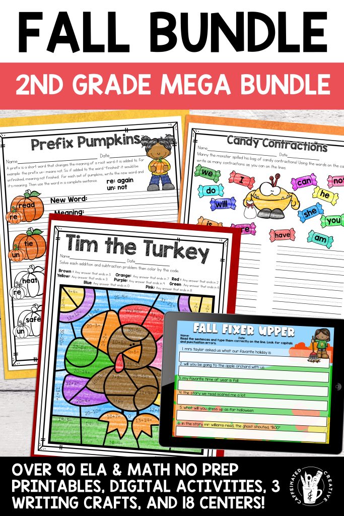 September, October, and November are pretty much planned for you with this Fall Math Reading Writing Mega Bundle which includes over 90 pages of PRINT NO PREP worksheets/activities 70 DIGITAL options, centers, and writing crafts! Cover the fall/Autumn season, apples, pumpkins, Labor Day, Halloween, Thanksgiving, and more with this bundle!
