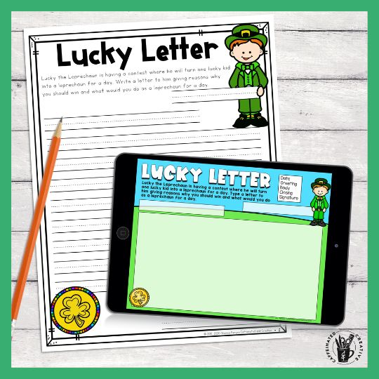 Students will write a letter to Lucky the Leprechaun explaining why they should win the chance to be a leprechaun for a day! Perfect for celebrating St. Patrick's Day! This is part of a Spring Digital & Printable Math and ELA Activities Bundle for 2nd Grade that is full of ELA and math activities for the entire season! This unit covers spring, St. Patrick’s Day, Easter, Earth Day, and Cinco de Mayo! This bundle is meant to be a time-saver for teachers!