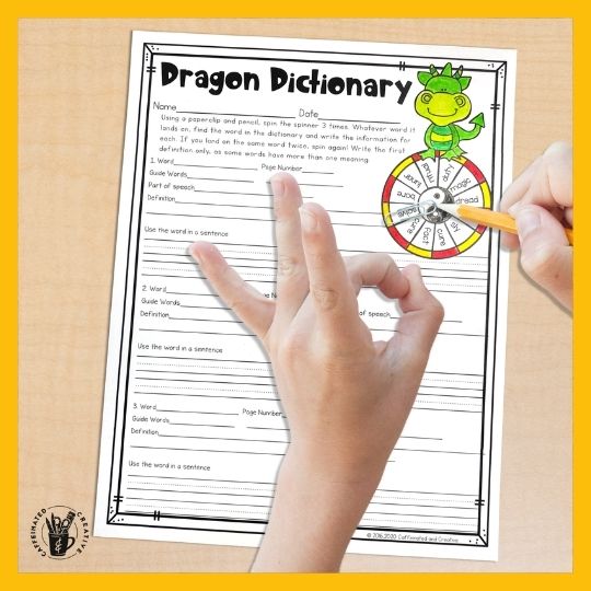 Students will use a spinner to spin and will then find out about certain words while using a dictionary. 