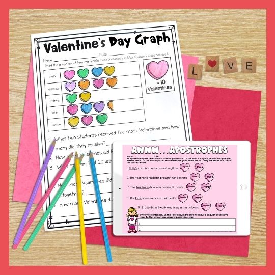 Do you need fun Valentine’s Day activity ideas ?! I've got you covered! Read on for more! My best seller Valentine's Day Digital and Printable Mini Unit for Second Grade is perfect for fun and engaging activities on Valentine's Day! Cover graphs, homophones, two-digit addition, compound words, complete sentences, and much more all in a fun and engaging Valentine's Day theme!
