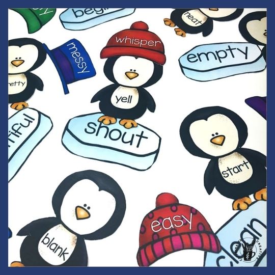 Ideas for winter centers in the classroom. Synonyms and Antonym Penguins Center is a fun and interactive way for students to practice finding synonyms and antonyms for words. The object of the center is to match each penguin to the correct hat that is the words antonym as well as the correct ice patch that has the words synonym!