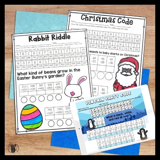 Keeping kids engaged while practicing common math concepts can be boring. However, with Math Riddle Codes, your students will have fun solving equations and then get a laugh once they solve the riddle! This is a bundle of all my math codes and includes 17 no prep versions and 17 digital versions! Cover multiple seasons and holidays for the entire year!