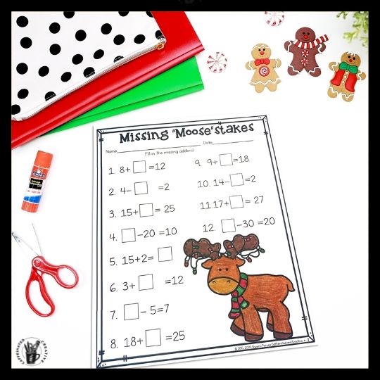 Missing Moose-stakes is a fun way for students to practice finding missing addends. Great practice for December Part of a Digital and Printable December ELA and Math Bundle for Second Grade. These activities/worksheets/slides are meant to be time-savers for 2nd grade that can be used for homework, morning work, fun assessments, early finishers, or even last minute substitute plans!
