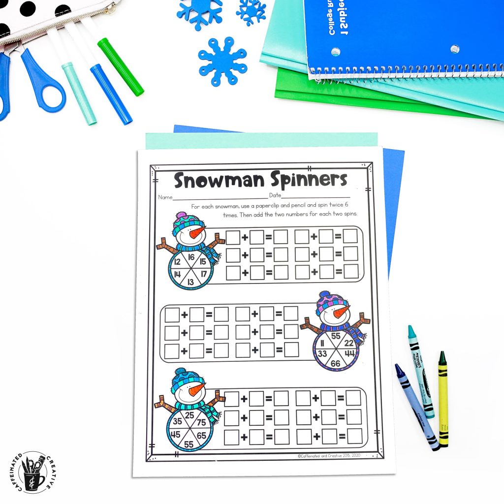 If you are looking for a fun way for students to practice adding two 2 digit addition problems Snowman Spinner is a fun winter math activity. Using a pencil and paperclip to make a spinner, students will practice adding.