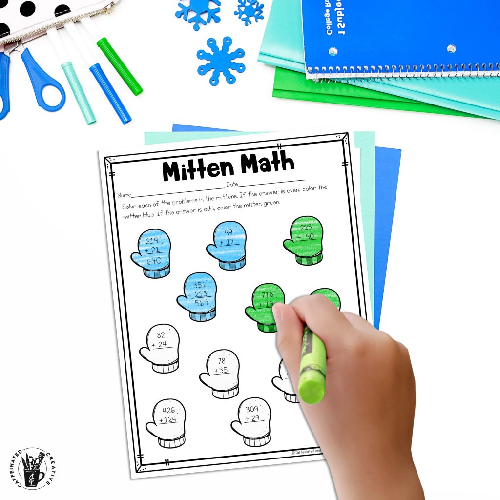 Students will have fun solving two digit addition problems and then coloring the mittens according to code if the answer is even or odd. Perfect winter math activity for review. This is part of a Digital and Printable Winter Math and ELA Activities bundle for second grade. Perfect for the winter months when you need a quick and easy winter activity! Perfect for morning work, homework, test prep, review, early finishers, sub plans, and more! All you need to do is print or assign slides!