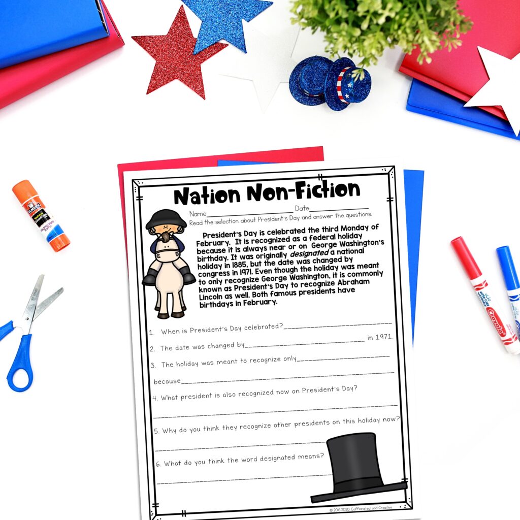 With Nation- Non Fiction, students will have a fun reading activity for President's Day! After reading the passage, they will answer questions about the holiday.