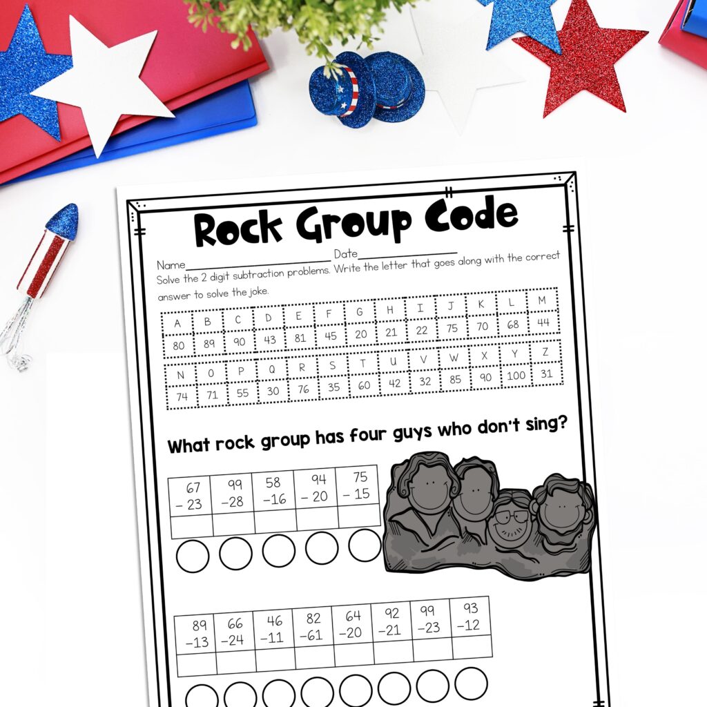 Get a chuckle from your students this President's Day with Rock Group Code. After solving the 2 digit subtraction problems, students will solve the code to answer the riddle.
