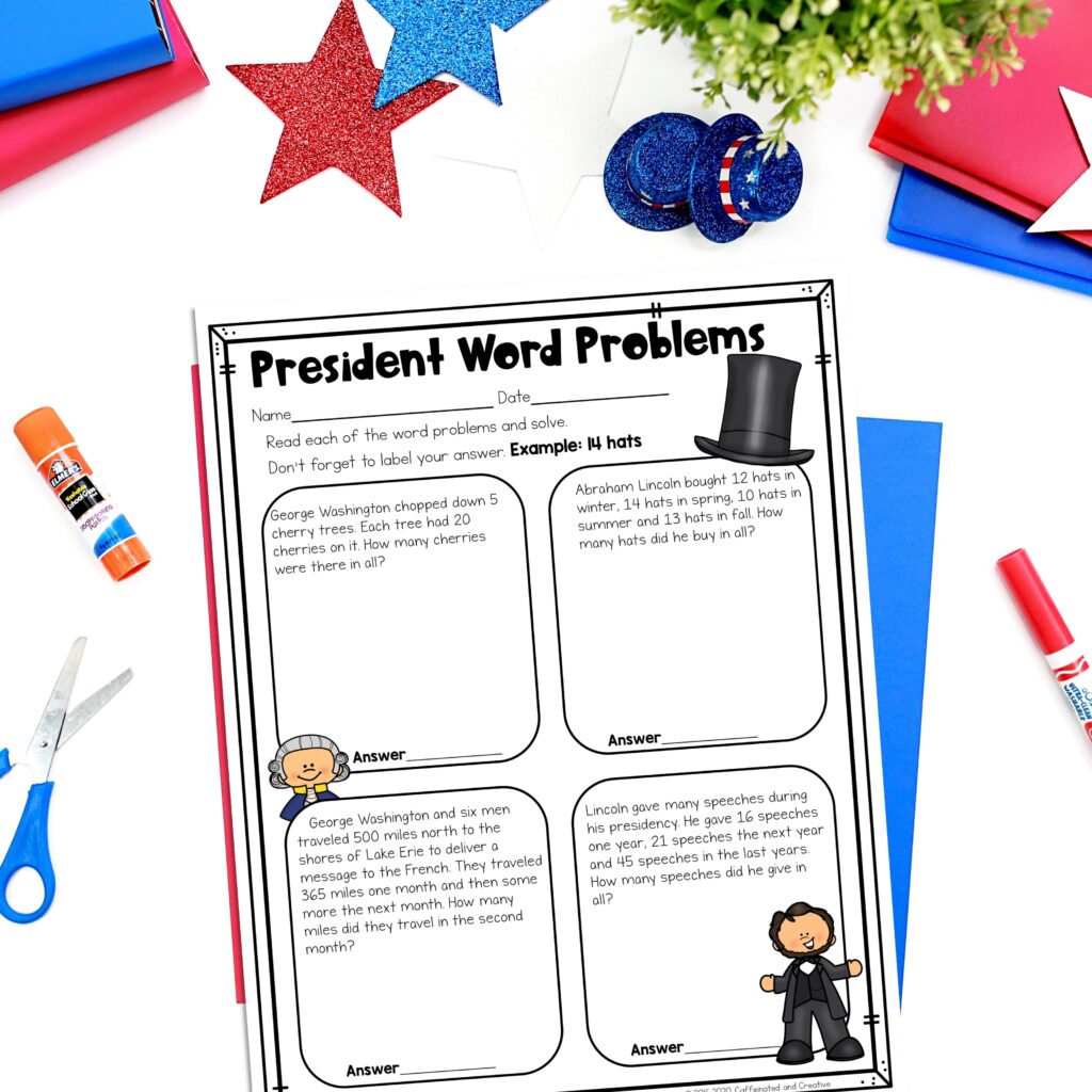 President's Day can be fun with word problems. Students will read and solve word problems about the founding fathers with second grade skills.