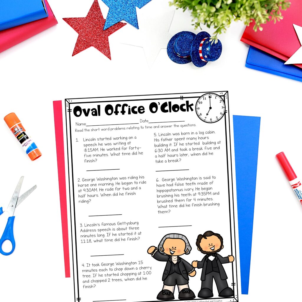 Time to learn about the presidents. With Oval Office O'clock students will read short word problems involving elapsed time and write the time.
