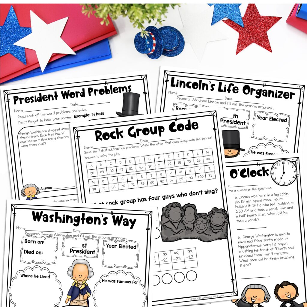 Are you looking for fun activities to celebrate President's Day!?? With 20 NO PREP printable worksheet pages as well as 19 digital slides, you will be able to celebrate this fun holiday with no stress! Engage with fun pages including a word search, writing prompts, math riddle, word scramble, color by codes, and more!

PLUS cover 2 and 3-digit addition and subtraction, homophones, place value, contractions, arrays, fragments, word problems and many more second-grade standards all in a fun and engaging President's Day theme!