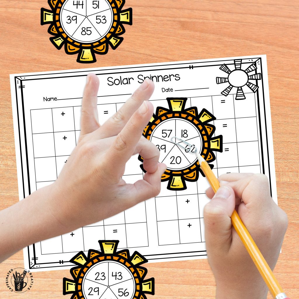 Solar Spinners Addition Center Game is a fun and interactive way for students to practice adding two 2 digit numbers. There will be some regrouping involved. There is a recording sheet and 30 spinners so students can have a different one each time! Great hands on math activity for Earth Day, spring, or summer!
