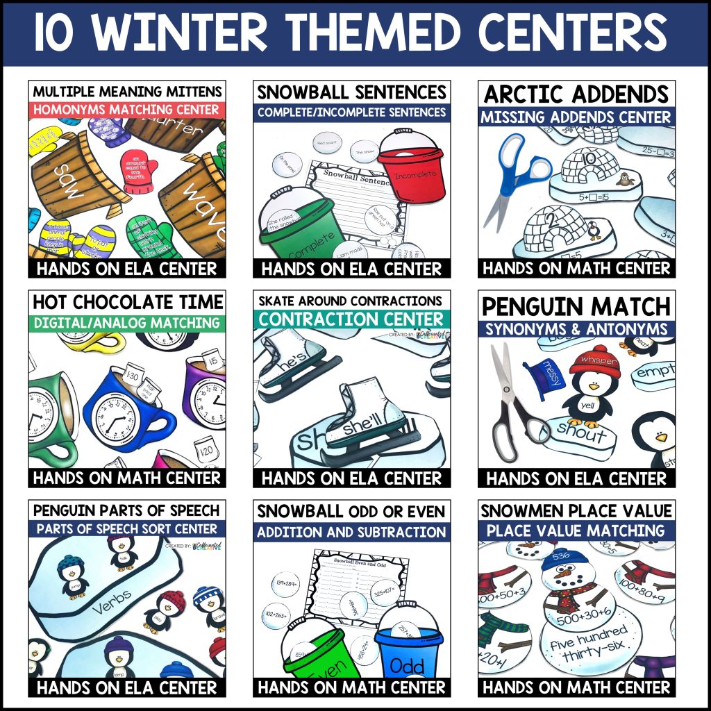 Winter Centers Math and ELA Hands On Center Activities