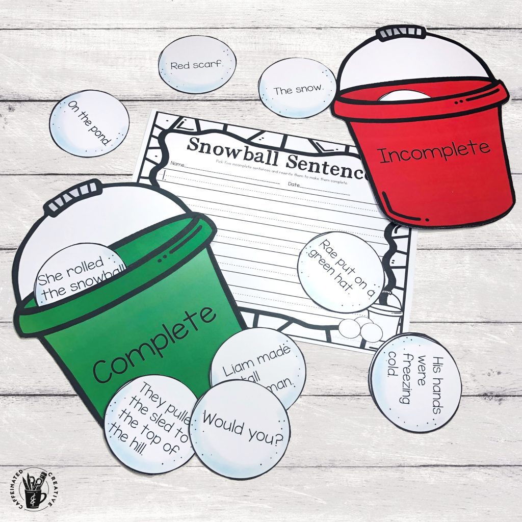 Snowball Complete and Incomplete Sentences Center is a fun and interactive way for students to practice recognizing complete and incomplete sentences. The object of the center is to place each snowball in the correct pail. Then students will make five of the incomplete sentences complete with the recording sheet.