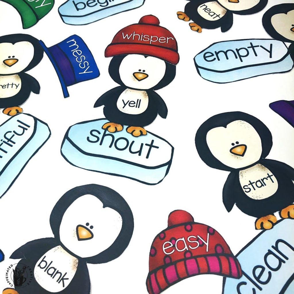 Synonyms and Antonym Penguins Center is a fun and interactive way for students to practice finding synonyms and antonyms for words. The object of the center is to match each penguin to the correct hat that is the words antonym as well as the correct ice patch that has the words synonym!