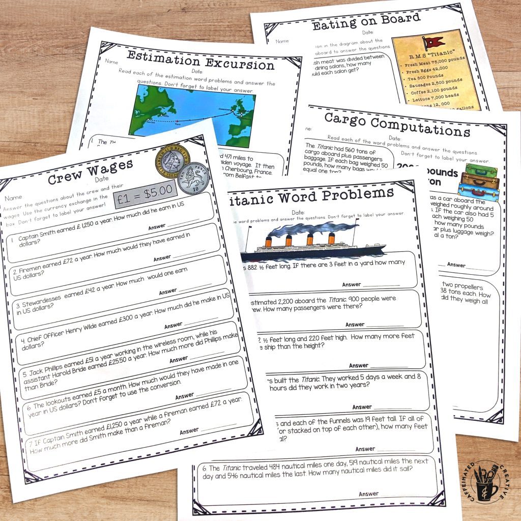 Students will practice a variety of concepts including two-digit multiplication, 4 digit addition and subtraction, money, measurement, and more! These math printables come in a digital and printable Titanic unit which comes with tons of activities, worksheets, language arts, and math-themed printables, an interactive passenger portion, task cards, comprehension questions, and even digital components! This Titanic unit can be used for any grade but was created with 3rd through 5th grade in mind.
