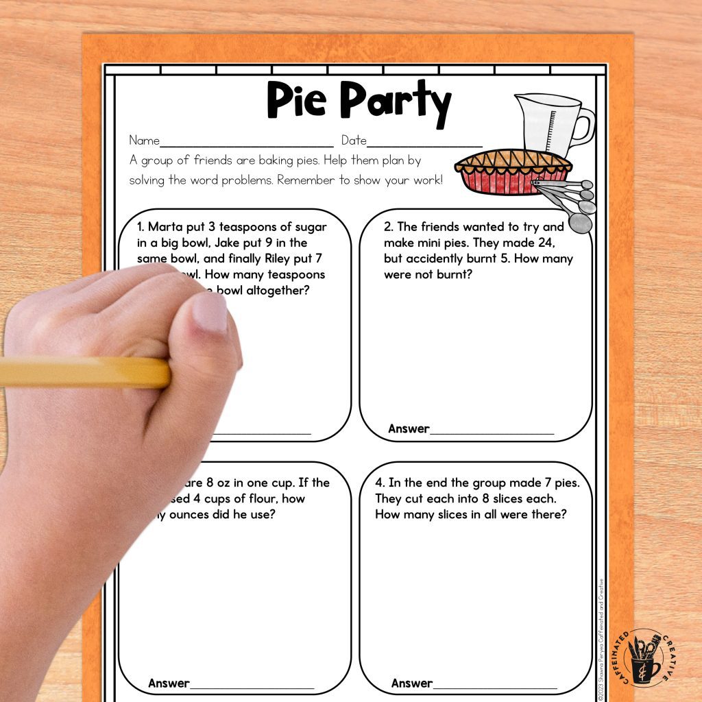 Are you needing math activities for Pi Day or Thanksgiving? With Pie Party your second grade students will solve word problems involving addition, subtraction and arrays!