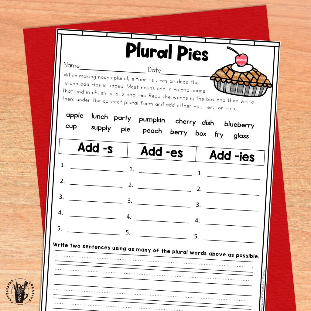 With plural pies students will sort the words by if they would add -s, -es, or, -ies. This is a fun ELA activity for Pi Day, Thanksgibing, or anytime of the year! And the best part is it is no prep!