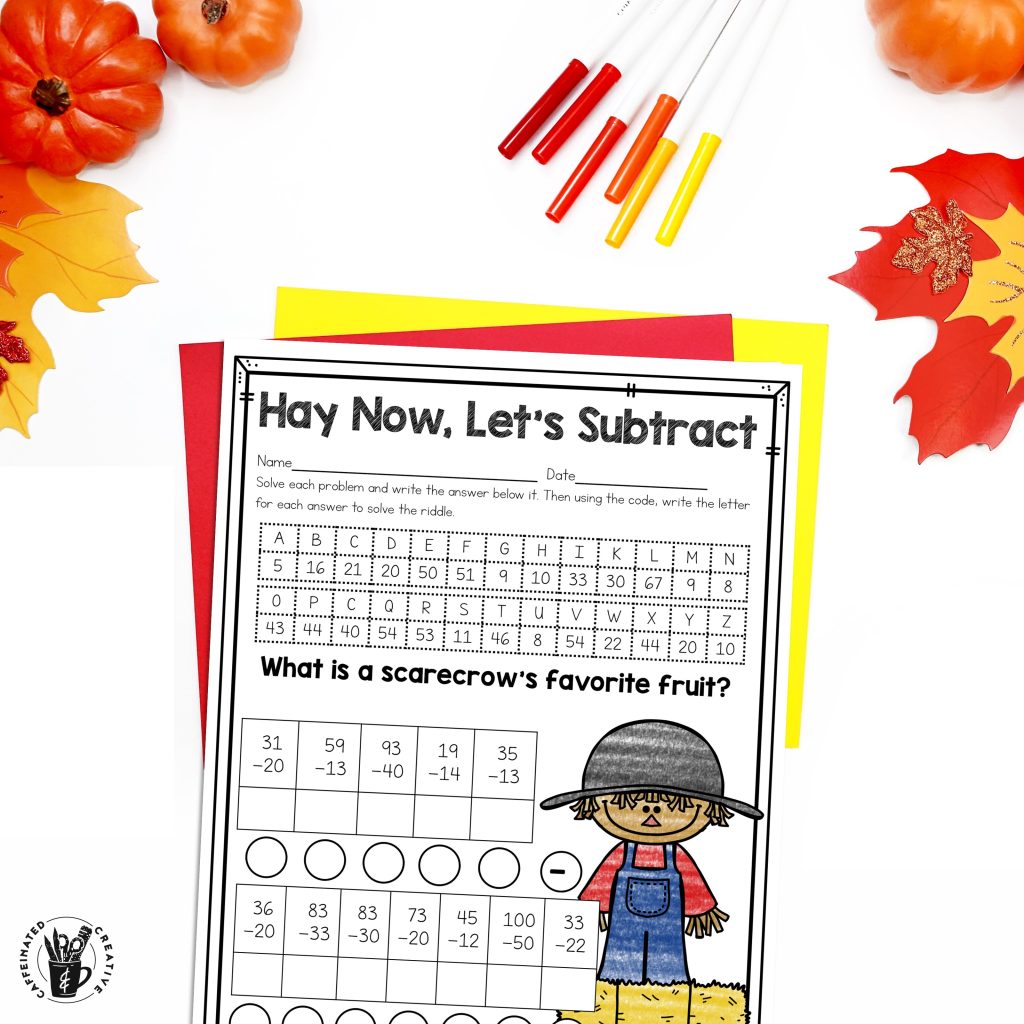 Teach 2nd graders 2 digit subtraction with a fun fall code! Part of a Digital and Printable Fall Math and ELA Bundle for Second Grade. This unit is meant to save time for 2nd-grade teachers! It can be used for morning work, homework, review, sub plans, and more! Either just print or assign the Google slide version! Perfect for the entire fall season and holidays!