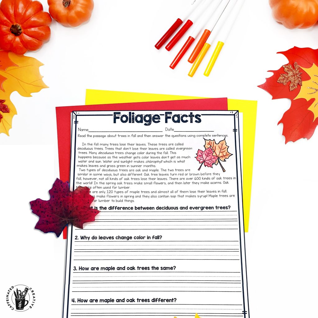 After reading the non-fiction passage about leaves and trees, students will answer the comprehension questions. Part of a Digital and Printable Fall Math and ELA Bundle for Second Grade.