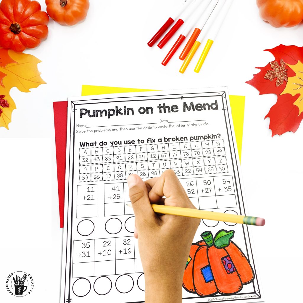 Pumpkin on the Mend is a fun way for 2nd-grade students to practice adding 2 two-digit numbers. After solving each equation, they will fill in the matching letters to solve the riddle.