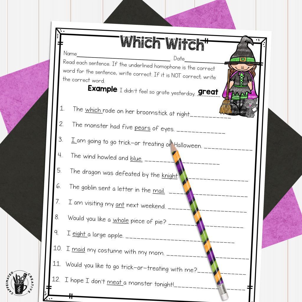 Teach homophones with Which Witch! With this worksheet, students will read sentences and fill in the correct homophone. This included in a Halloween No Prep Mini Unit for Second Grade! With 40 pages of Halloween themed NO PREP printables, you will be set for the holiday! Great for morning work, homework, review, or even substitute plans