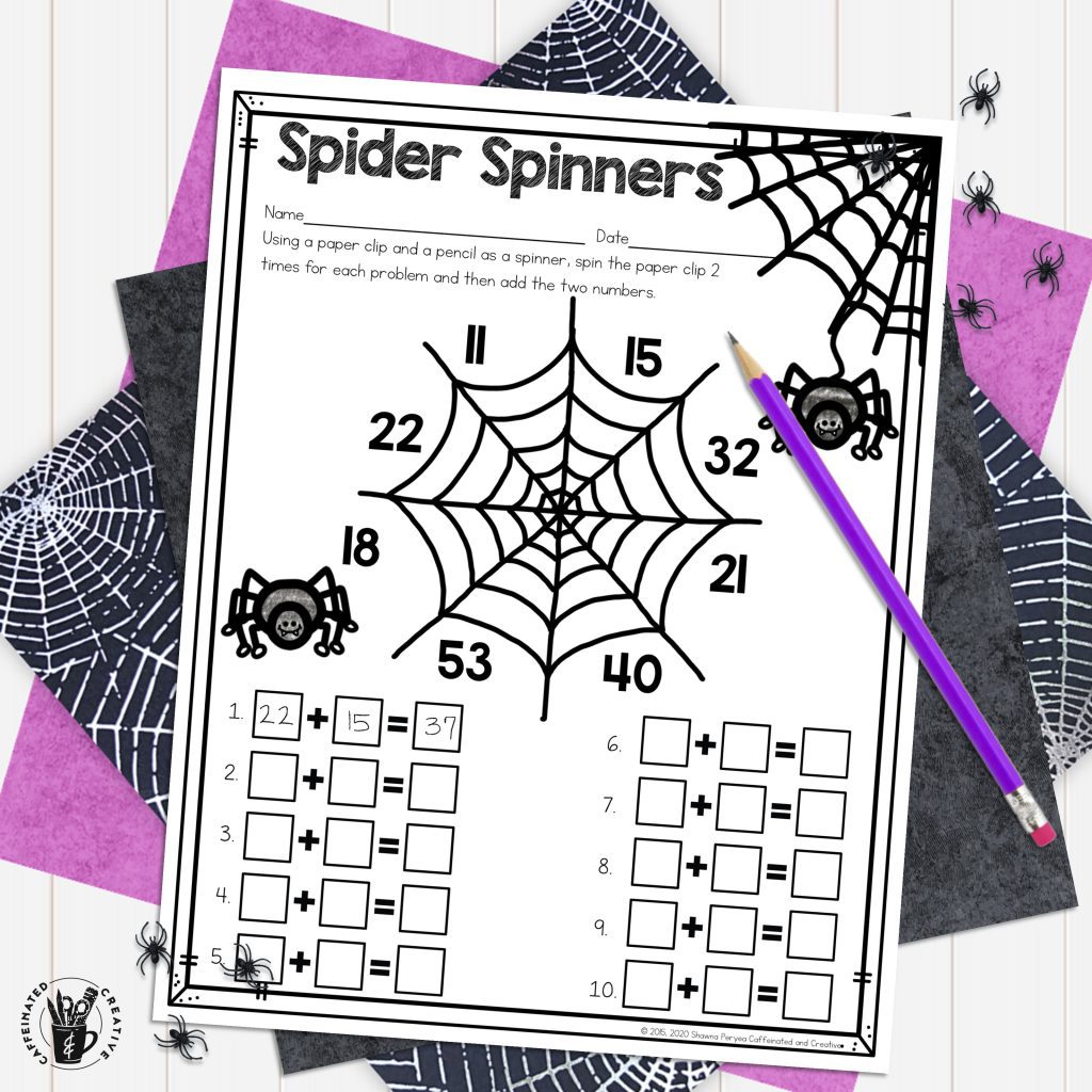 Spider Spinners: Using a paper clip and pencil, create 10 two-digit addition problems to solve.