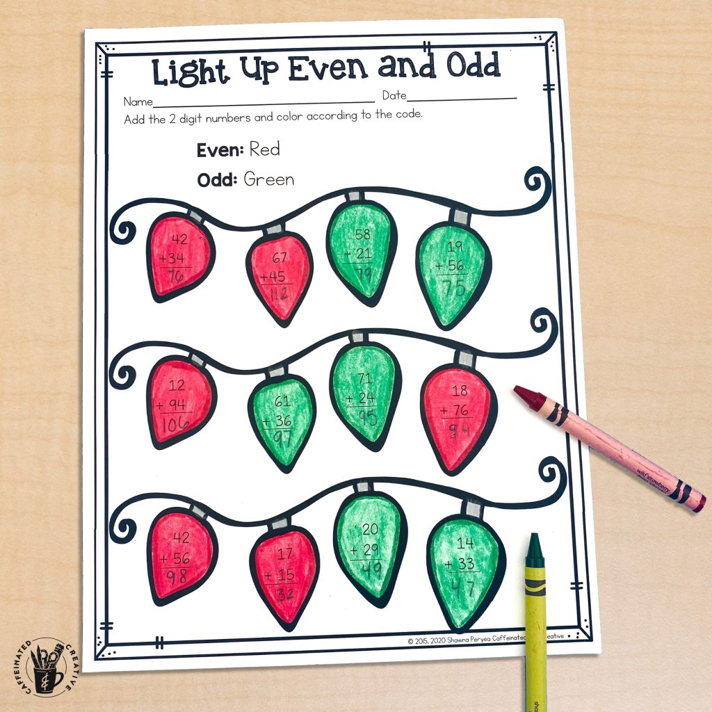 Students will practice adding two 2 digit numbers and then coloring each light bulb according to if the answer is even or odd. There is some regrouping involved in some problems. Part of a Digital and Printable December ELA and Math Bundle for Second Grade. These activities/worksheets/slides are meant to be time-savers for 2nd grade that can be used for homework, morning work, fun assessments, early finishers, or even last minute substitute plans!