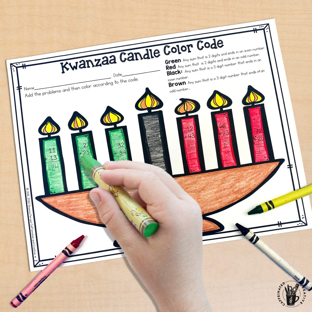 After solving each equation, students will color the kinara according to the digits place value. This is part of December Literacy and Math No Prep Bundle for Second Grade.